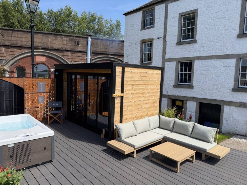 The deck outside The Byre beside the Forth and Clyde Canal