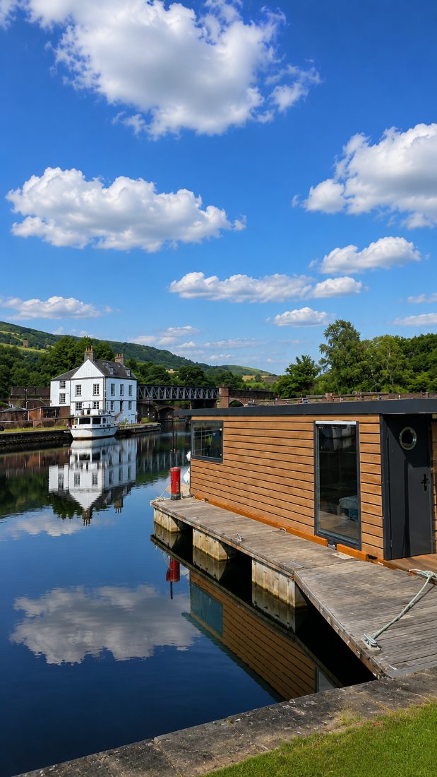 A houseboat moored at The Customs House on the Forth and Clyde Canal, Bowling