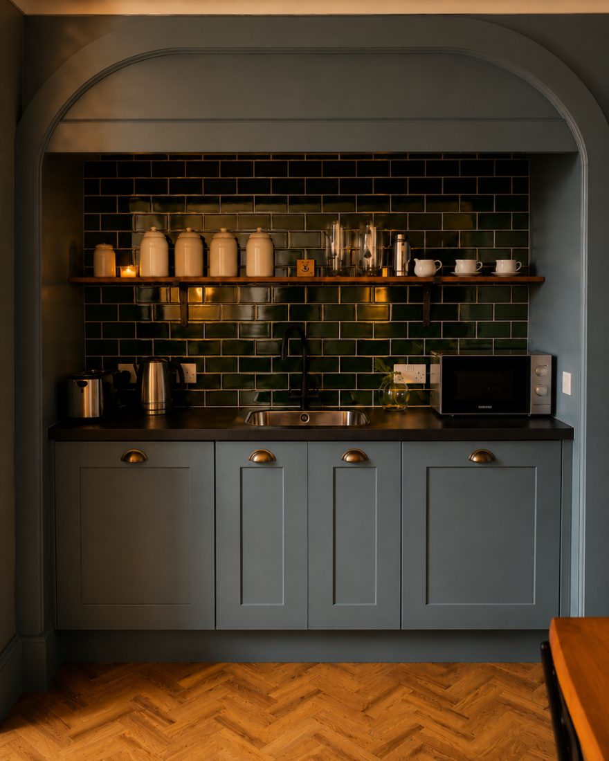 The shared pantry kitchen at The Customs House, green tiles and a kettle always on